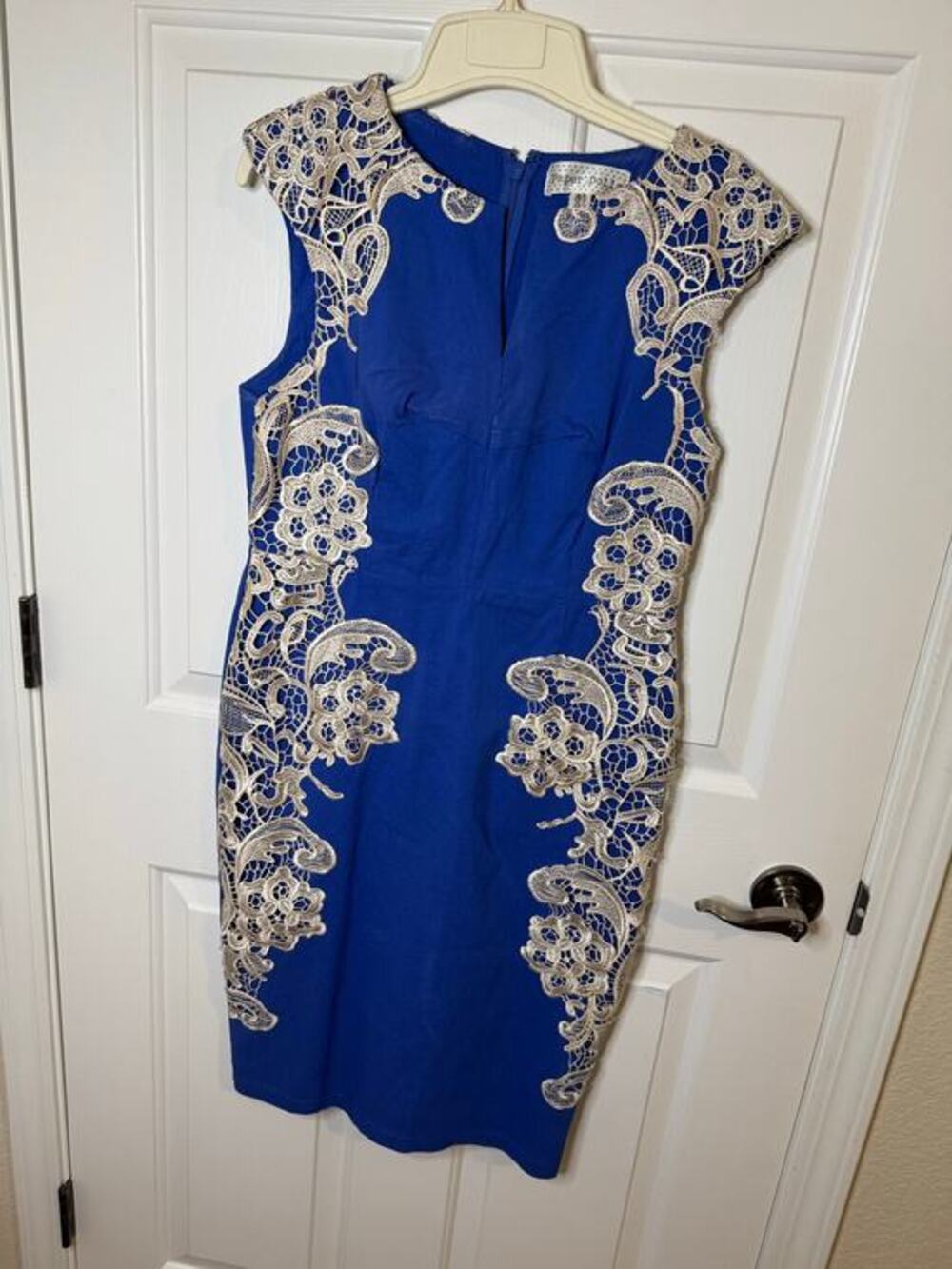 Paper Dolls Bodycon Sheath Crochet Lace Dress Cap Sleeves V-neck Royal Blue 12